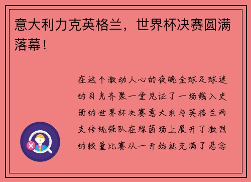 意大利力克英格兰，世界杯决赛圆满落幕！